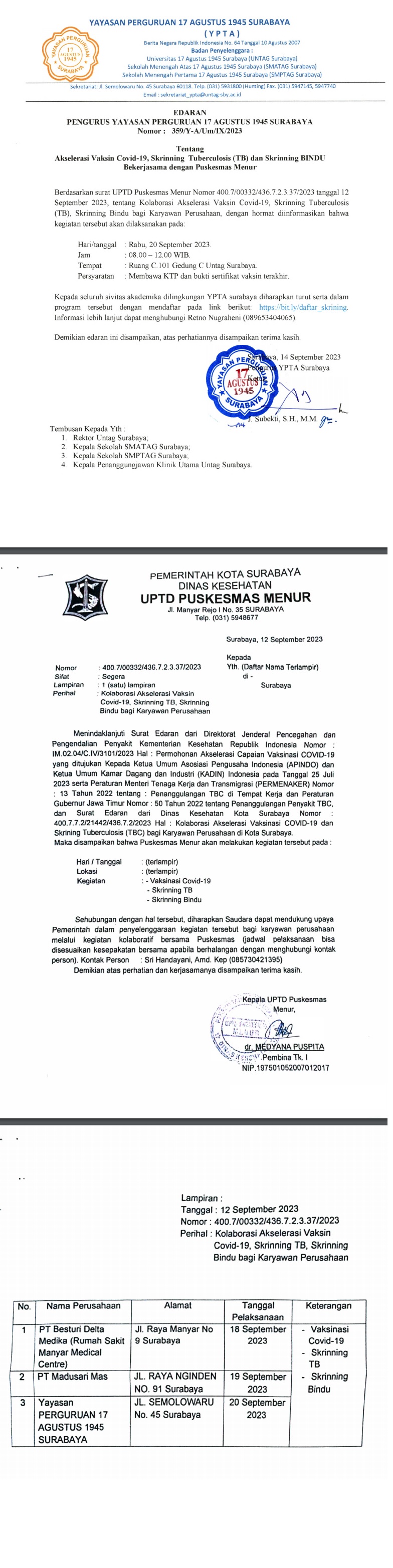 Akselerasi Vaksin Covid-19, Skrinning TB, dan Skrinning Bindu di UNTAG Surabaya