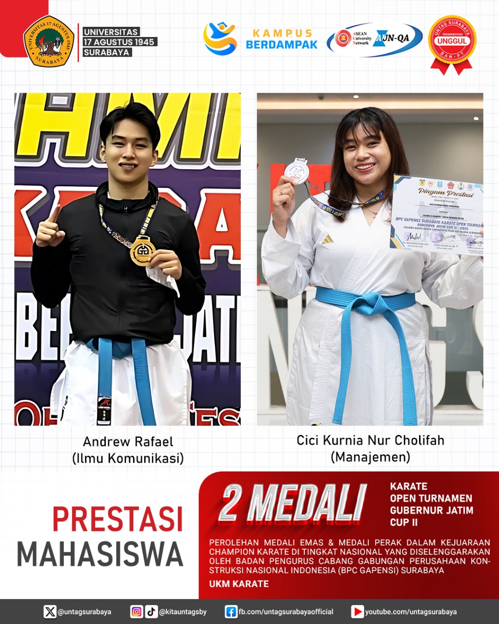 Mahasiswa Untag Surabaya Raih Prestasi di Kejuaraan Karate Tingkat Nasional