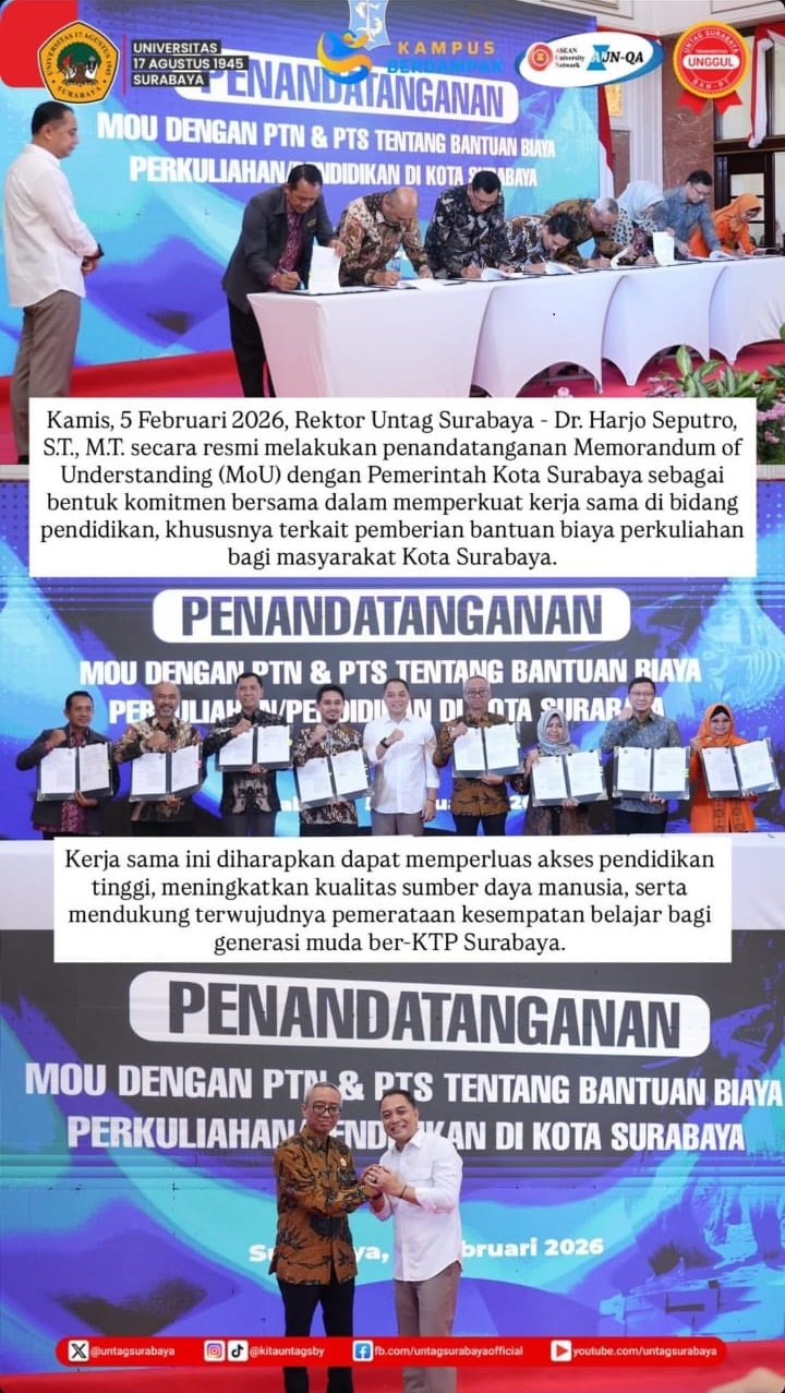UNTAG Surabaya dan Pemkot Surabaya Tandatangani MoU Bantuan Biaya Pendidikan